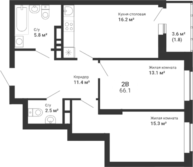 Планировка 3Е-к.кв, 66,1 м² в ЖК Южный сад